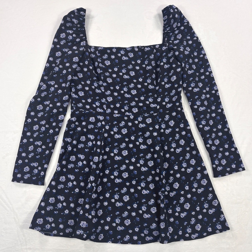 Most of All Blue Floral Square Neck Long Sleeve Fit & Flare Mini Dress Size 10